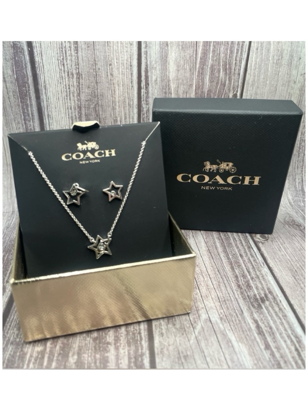 NIB COACH Celestial Star Necklace & Stud Earrings Jewelry Set Silver w/ Box NWT